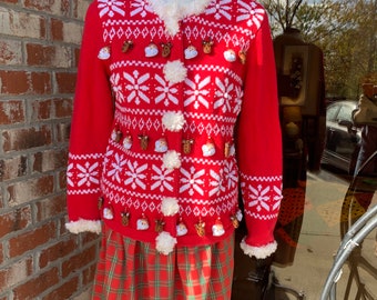 Vintage Red and White Fluffy Christmas Sweater Reindeer Santa Claus Snowflakes Cardigan