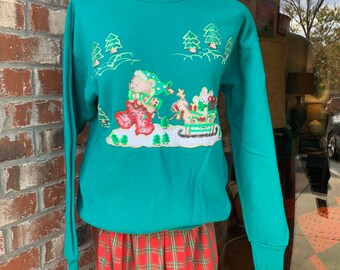 Vintage Ugly Christmas Sweater Teal Blue Fabric Glue Trees Christmas Bears