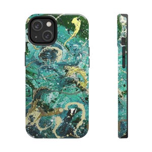 May include: A green and gold abstract marble pattern phone case for an iPhone 13 Pro Max.
