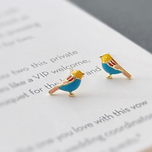 18k Gold Plated Sterling Silver Colorful Bird Stud Earrings, Blue Bird Animal Earrings, Pretty and Lovely Design, Silver or Gold, E149