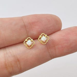 Gold Opal Stud Earrings, Vintage Hollow-out Opal studs, Tiny Simulated Opal Stud Earrings, Dainty 925 Silver Opal Studs