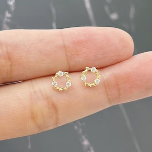 Dainty Tiny Wreath Stud Earrings, 14k Gold Plated 925 Silver Flower Plant CZ Circle Studs, Petty and Modern Design, Minimalist, Gifts, E130