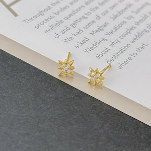 925 Silver Sparkly CZ North Star Stud Earrings, Tiny Starburst Studs, Tragus/Cartilage Studs, Pretty & Modern Design, Silver or Gold, SGE124