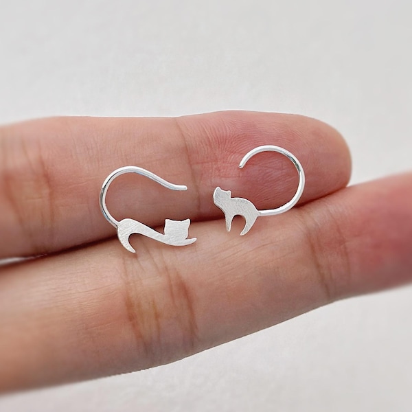 Orecchini A Perno In Argento Sterling 925 – Testa Di Gatto, Tema Animali, Senza Pietre