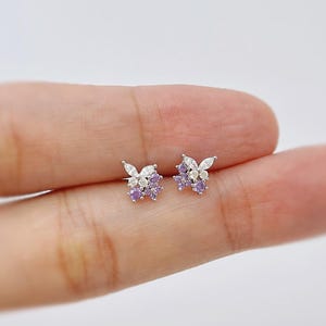 Sterling Silver Butterfly & Lavender CZ Stud Earrings, Dainty Lavender and Butterfly Earrings, Sparkly CZ Flower and Butterfly Earring, E239
