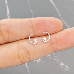 Sterling Silver Crescent Moon & Star Stud Earrings,  Dainty Star and Crescent Moon Earring, Celestial Earrings, Moon hug Star Earring, E134