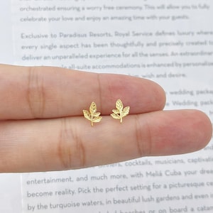 May include: A pair of small, gold-coloured leaf-shaped stud earrings. Each earring features a detailed leaf design with delicate veins. The earrings are displayed against a blurred background of text.