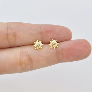 Sterling Silver Sunburst with Blue CZ Stud Earrings, Dainty Tiny CZ Sun Flower Earrings, Pretty and Celestial Design, Gifts for Her, E160