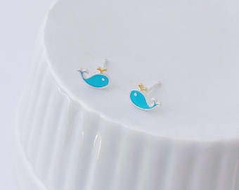 Sterling Silver Small Blue Whale Stud Earrings, Dainty Fish Animal Stud Earrings, Adorable Whale Studs, Pretty Studs