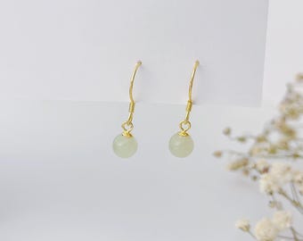 Genuine Jade Hook Drop & Dangle Earrings, Gold Plated 925 Silver Round Jade Drop Earrings, Nature Jade Earrings