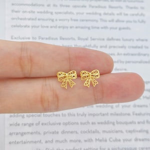 14k Gold Plated 925 Silver Dainty Bowknot Stud Earrings, Hollow-out Bowknot Earrings, Delicate Gold Bow Earrings, Ribbon Earrings, E264