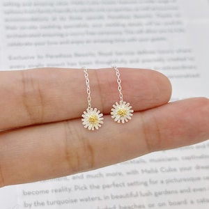 Sterling Silver Dainty Daisy Threader Drop & Dangle Earrings, Skinny Flower Daisy Tassel Drop Earrings, Lovely and Pretty Design, Gifts E176