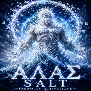 May include: A powerful figure composed of white salt crystals rising from a dark blue ocean, surrounded by a glowing circular ring of water and floating salt rocks. The text reads 'ΑΛΑΣ SALT' and 'FAEWOVEN ACTIVATIONS' in white lettering.