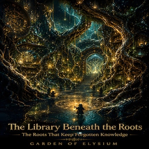 May include: An artistic digital illustration of a mystical library beneath tree roots. The scene is illuminated by golden lights, with figures walking through a watery area. Text reads "The Library Beneath the Roots" and "The Roots That Keep Forgotten Knowledge."