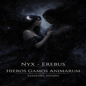 Può includere: Illustrazione digitale di una donna con una luna crescente tra i capelli, che guarda un uomo dai capelli scuri. L'immagine è ambientata su uno sfondo di cielo stellato, con il testo "NYX - EREBUS", "HIEROS GAMOS ANIMARUM" e "FAESFORE NYMPH".