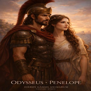 May include: An artistic depiction of Odysseus and Penelope. Odysseus is clad in bronze armor and a red cape, wearing a helmet. Penelope is in a white gown, adorned with a floral crown. The image has text that reads "Odysseus • Penelope".