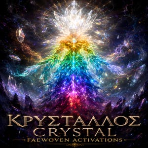 May include: A radiant, humanoid figure composed of multicolored, glowing crystals in a spectrum of rainbow hues, set against a dark, cosmic background filled with floating shards and the text KRYSTALLOS CRYSTAL FAEWOVEN ACTIVATIONS.