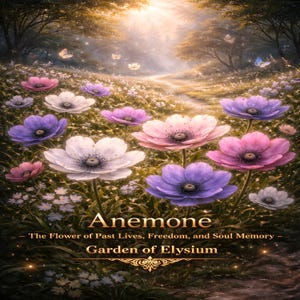 May include: A digital illustration of a field of anemone flowers in various colors, including pink, purple, and white. The text "Anemone" and "Garden of Elysium" are displayed, along with the phrase "The Flower of Past Lives, Freedom, and Soul Memory."