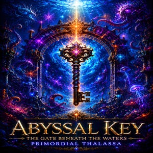 May include: A detailed digital illustration featuring an ornate, glowing key centered before a grand underwater archway. The scene is filled with deep blue and purple hues, bioluminescent jellyfish, and tentacles. Text reads: ABYSSAL KEY THE GATE BENEATH THE WATERS PRIMORDIAL THALASSA.