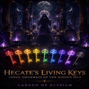 May include: A digital artwork depicting a gothic scene with a robed figure and a crown. Below, seven ornate keys in rainbow colours are displayed. The text reads "Hecate's Living Keys: Inner Doorways of the Hidden Self".