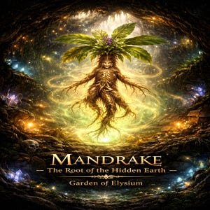 Op de afbeelding: Digitale kunst van een mandragora-wortelwezen met een bladerkroon en uitgestrekte armen, geplaatst in een gloeiende grot. De afbeelding bevat de tekst "MANDRAKE - The Root of the Hidden Earth - Garden of Elysium".