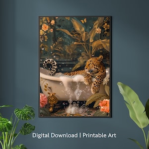 May include: A leopard relaxes in a white bathtub filled with bubbles. The bathtub is surrounded by lush green foliage and flowers. The scene is set in a vintage bathroom with gold accents.