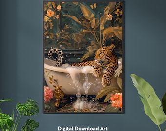 Funny Animal Bathroom Art Leopard in Bathtub Wall Décor Maximalist Bathroom Printable Eclectic Home Dopamine Gallery Wall Digital Print