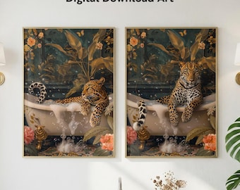 Leopard in Bathtub Art Digital Download for Maximalist Gallery Wall Cheetah Bathroom Eclectic Home Jungle Decor Printable Moody Print Set