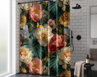 Floral Shower Curtain Dark Botanical Bathroom Decor Whimsygoth Housewarming Gift Jungle Bathroom Curtain Moody Maximalist Interior Design