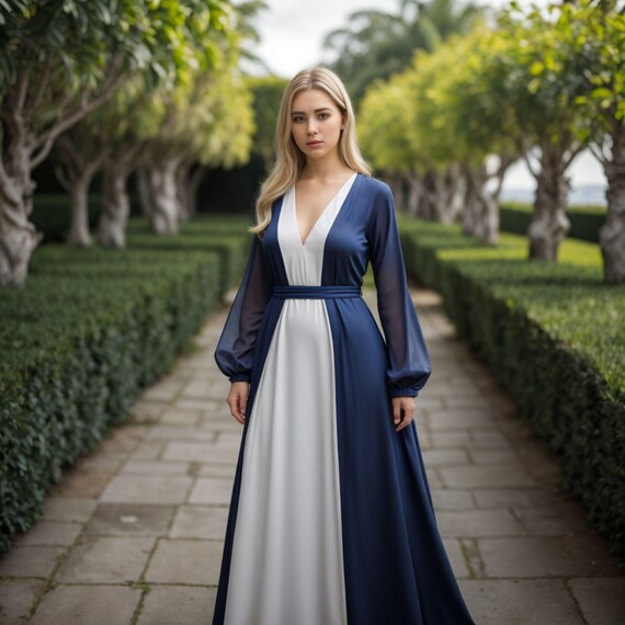 Elegant Navy Blue White Maxi Gown Renaissance inspired Evening Dress With Long Sheer Sleeves Classic Historical Costume Etsy Canada