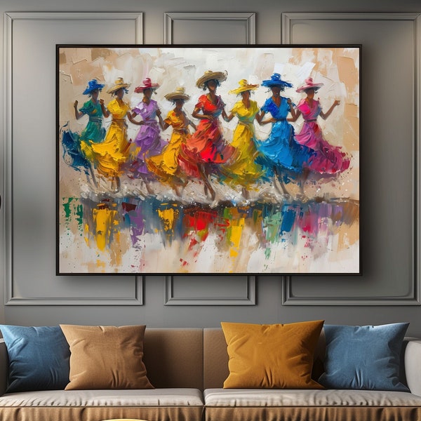 African American Group Dance Colorful Dresses Hats Impressionism Oil Painting Abstract Wall Art City Modern Boho Wall Decor Print