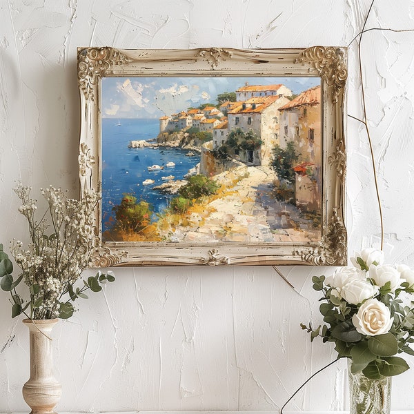 Croatia Dubrovnik Adriatic Impressionism Oil Painting Wall Art European Cityscape Landscape Coast Scene Church Mid Century Wall Art Vintage