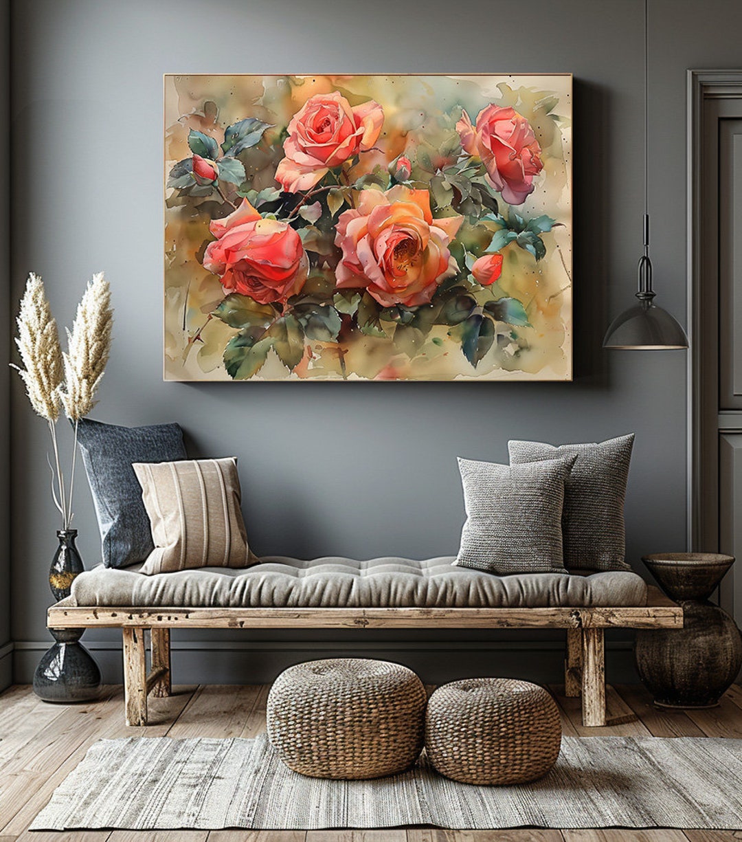 Watercolor Flower Bouquet Wall Art Prints Pink Roses Spring Summer ...