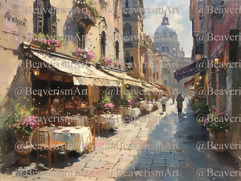 May include: A painting of a narrow street in a European city with a cafe on the left side of the street. The cafe has tables and chairs set up outside. There are flowers in pots on the street and a building with a dome in the background.