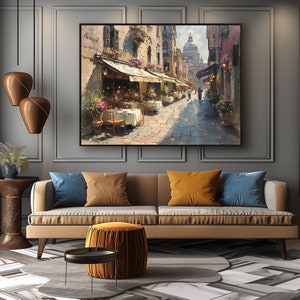 May include: A painting of a street scene in Venice, Italy. The painting features a narrow street lined with buildings, shops, and cafes. There are people walking in the street, and the sky is blue with white clouds. The painting is done in a realistic style, with a focus on detail and light.