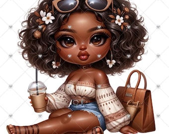 Boho Black Woman Clipart: Chibi Travel Theme (Digital Download)