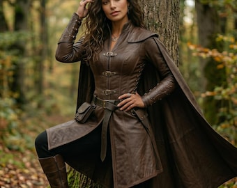 Läder Ranger LARP-kostym för kvinnor | Medeltida fantasyäventyrare, kappa, bälte