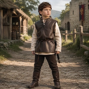 May include: A child wearing a dark brown sleeveless leather tunic with a lace-up neckline, a light beige long-sleeved shirt underneath, dark brown trousers, and brown leather boots. A thin braided leather headband is worn around the head.