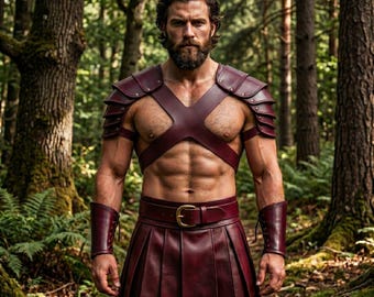 Vinröd lädergladiatorkostym | Spartansk krigaresele, kilt, armband | Cosplay-rustning