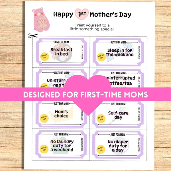 Printable First Mother's Day Gift Coupons 2024, Mother's Day, Gift for Wife, Mom Gift, Unique Mother's Day Gift, DIY