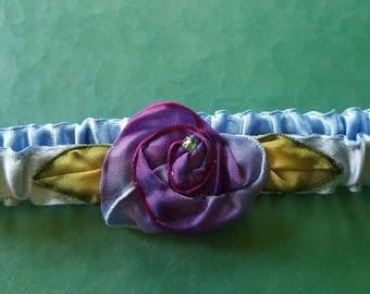 Silk Garter in a Non-Traditional Something Blue with a Violet Purple Hand Stitched Ribbon Rose