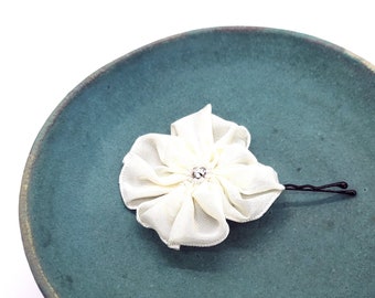 Cream Antique White Hand Stitched Ribbon Flower Bobby Hair Pin with a Beaded Swarovski Crystal Centre