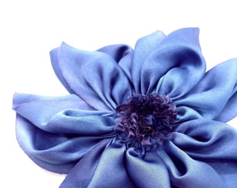 Large Mysterious French Blue Hand Dyed Bias Cut Silk Charmeuse Ribbon Flower Hair Clip