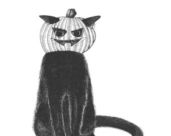 Black Cat Wearing a Pumpkin on its Head ORIGINAL Artwork Archival Black Ink drawing on Hot Press Paper 8 x 8