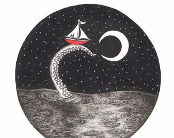 Dark Sea a Tentacle Stretches out of the Ocean Raising Up a Tiny Red Sailboat with a Tinier Cat ORIGINAL artwork ink drawing on paper 6 x 6
