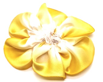 Buttercup Yellow and Antique White Hand Dyed Bias Cut Silk Charmeuse Hand Stitched Ribbon Flower Hair Clip