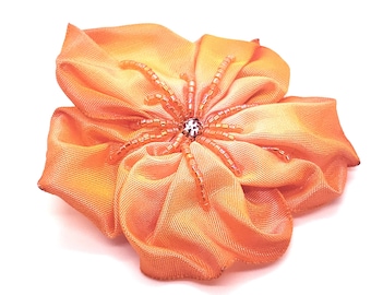 Bright orange and Pale Pink Hand Stitched Ribbon Flower with a Beaded Swarovski Crystal Hair Clip