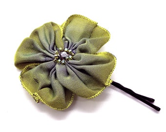 Bright Chartreuse Lime Green and Periwinkle Grey Blue Hand Stitched Ribbon Flower Hairpin Bobby Pin with a Beaded Swarovski Crystal Center