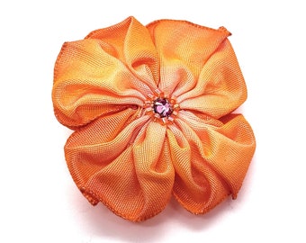 Orangeade Bright Orange and Soft Pink Hand Stitched Ribbon Flower Brooch Pin with a Sparkly Hand Beaded Swarovski Crystal Centre