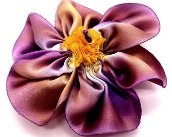 Pansy Purple and Yellow Hand-Dyed Bias-Cut Silk Charmeuse Hand-Stitched Ribbon Flower Hair Clip